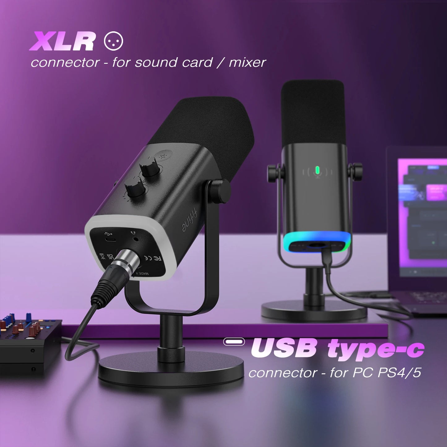 FIFINE-micrófono dinámico USB/XLR con botón de silencio táctil, Conector de auriculares, controles de E/S, para PC, mezclador de PS5/4, amplificador de micrófono para juegos AM8