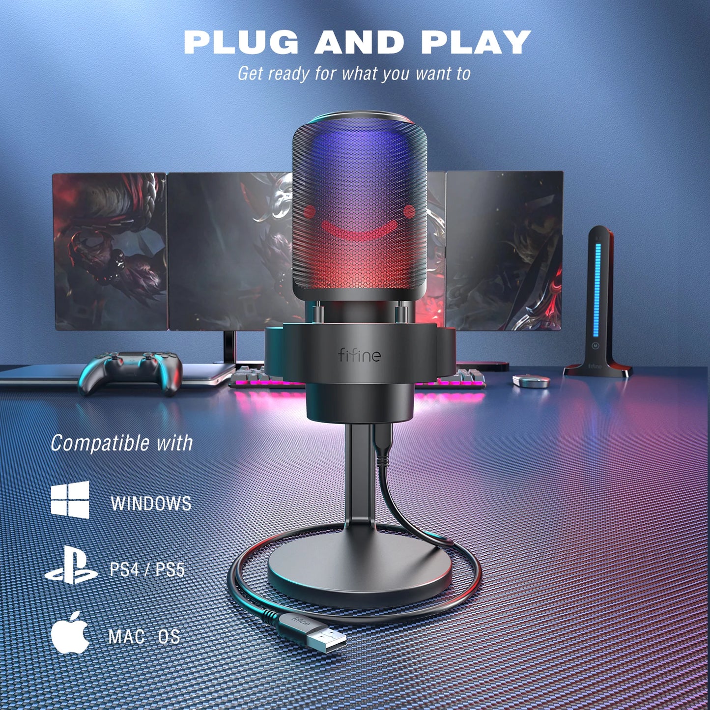 FIFINE-micrófono USB para grabar y transmitir en PC y Mac, salida de auriculares y botón de silencio táctil, micrófono con 3 modos RGB-A8